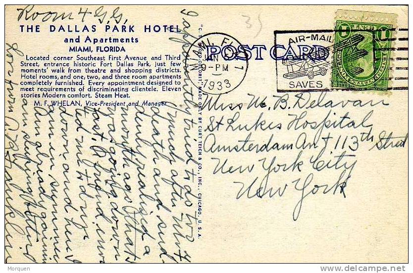 1312. Post Card MIAMI Florida 1933. Estados Unidos. AIR PLANE - Cartas & Documentos