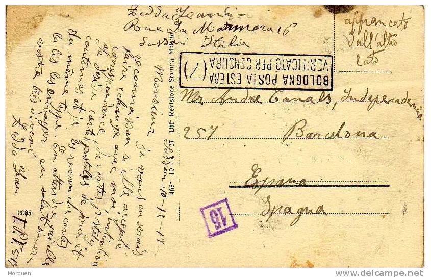 Postal  SASSARI Italia) 1919. CENSURA Bologna Posta Estera - Storia Postale