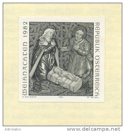 Autriche 1982 " Noël, Sculptures Sur Bois " épreuve En Noir, Black Proof, Schwarzdruck Auf Blatt. Yvert 1553 - Proofs & Reprints