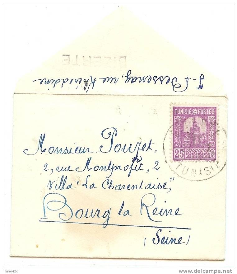 REF LBR21 - TUNISIE GRANDE MOSQUEE 25c SEUL SUR ENVELOPPE FORMAT CARTE DE VISITE BIZERTE / BOURG LA REINE DECEMBRE 1933 - Covers & Documents