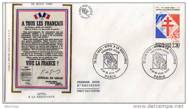 FDC Soie France 1990 - Appel à La Résistance - A Tous Les Français - Vive La France - Croix De Lorraine - Paris. - 1990-1999