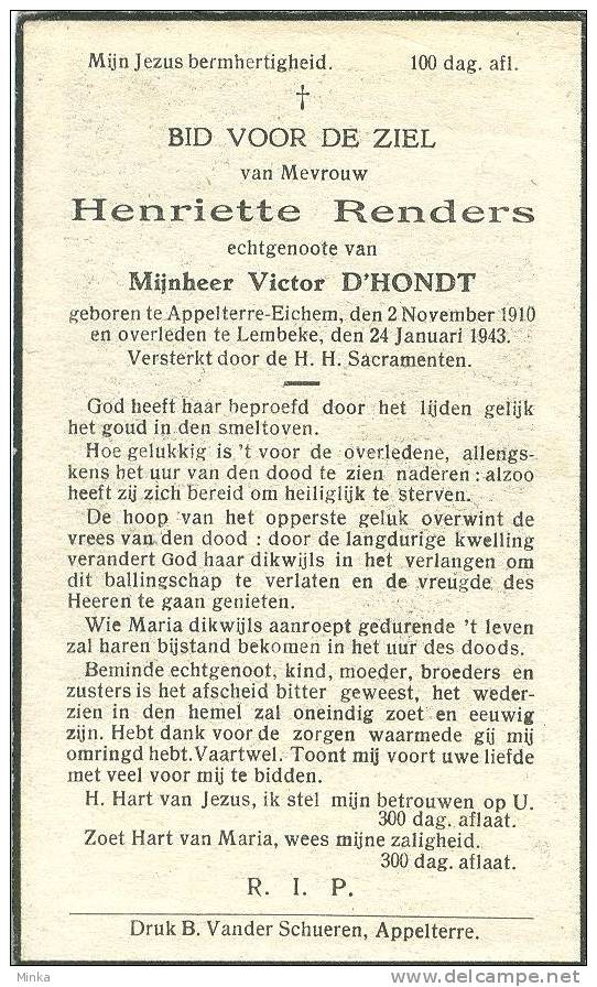 Doodsprentje - Appelterre Eichem - Lembeke - RENDERS / D'HONDT  1910 - 1943 - Images Religieuses