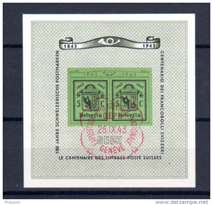 Suisse 1943, GEPH, 100 Du Timbre Suisse, Bf 10 Neuf Sans Charnière - Blocs & Feuillets