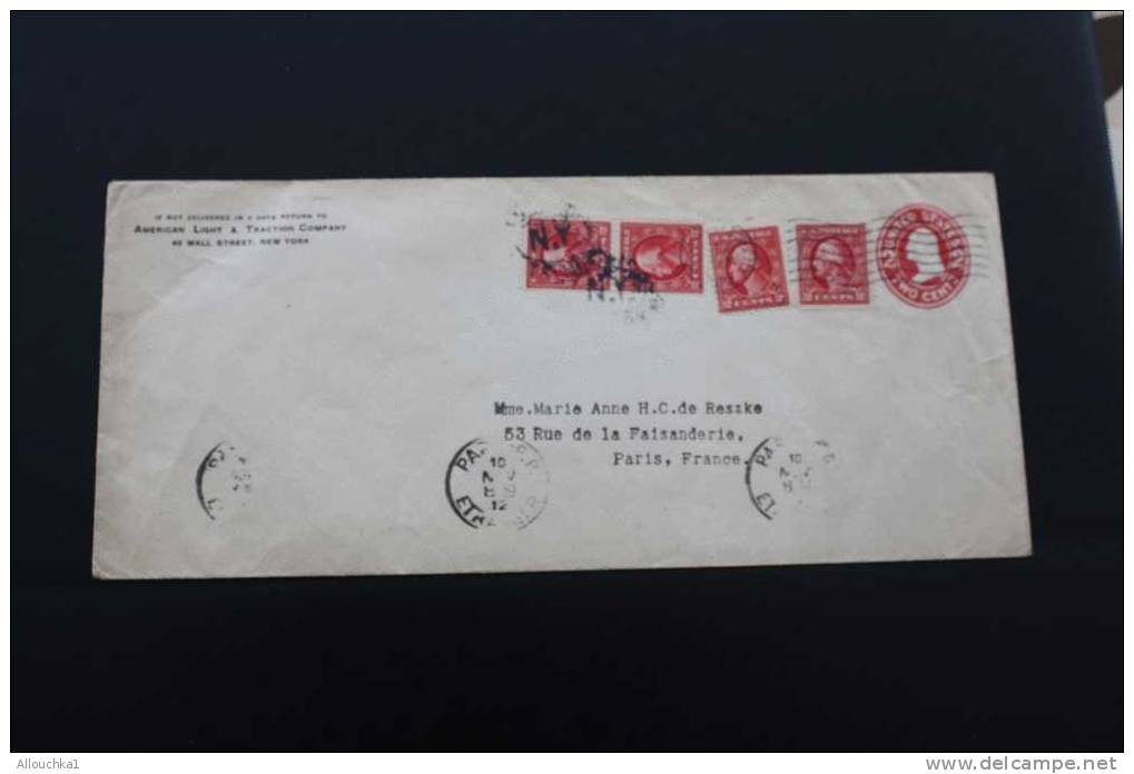 ENTIER POSTAL + TIMBRES RAJOUTES MARCOPHILIA LETTRE DE NEW YORK POUR PARIS LETTRE DE 1912 - 1901-20