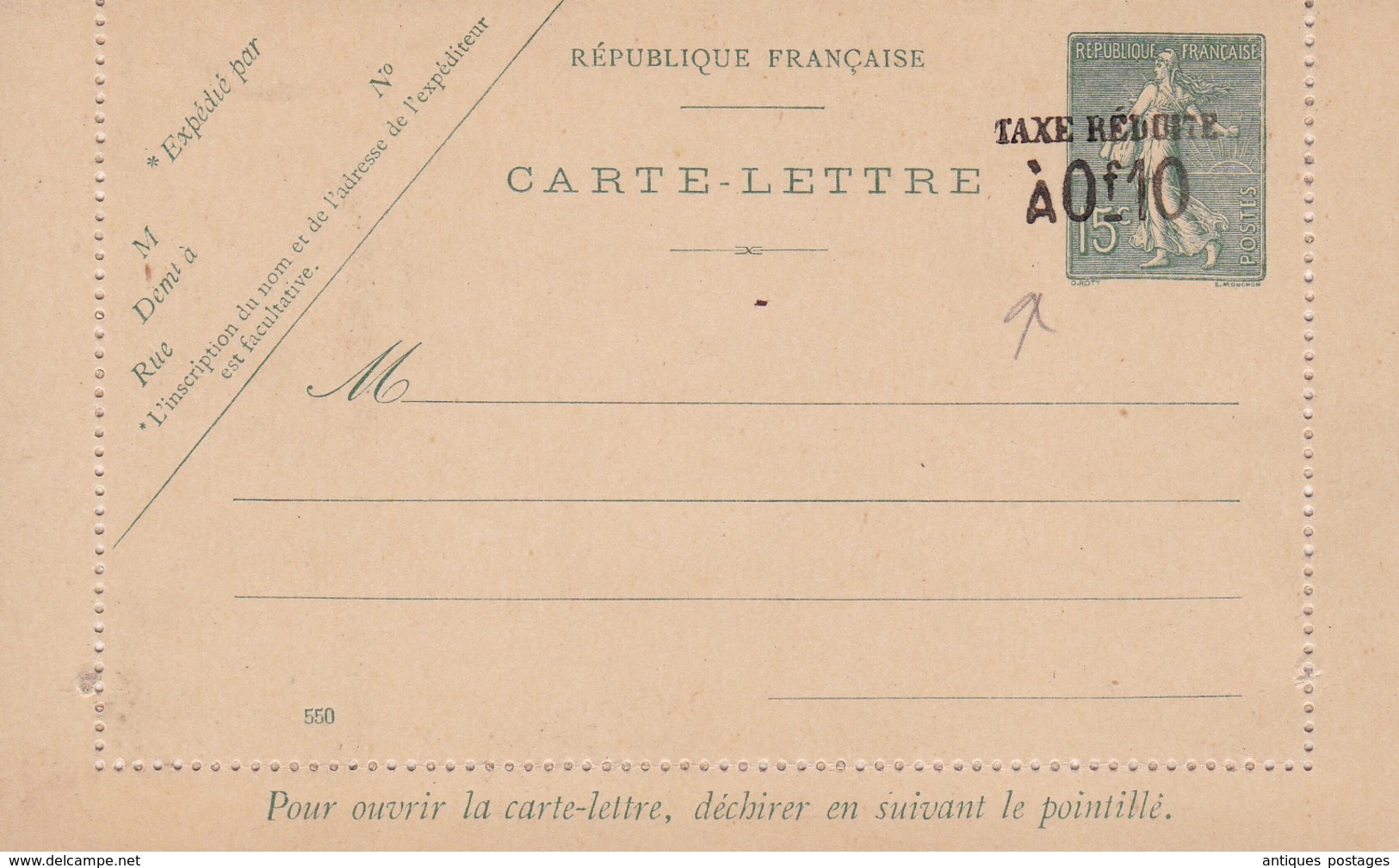 Carte Lettre Entier Postal Semeuse Lignée 15c + Taxe Réduite à 0F10 - Cartes-lettres