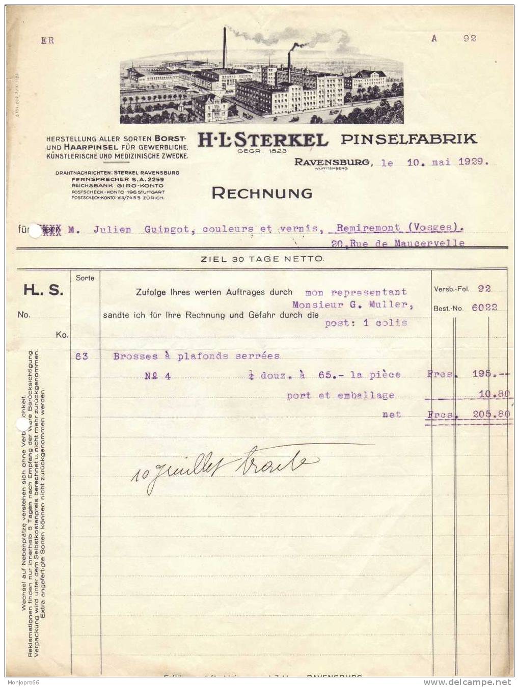 Facture De La Société H. L. STERKEL Pinselfabrik De Ravensburg (Allemagne) Et De 1929 - Other & Unclassified