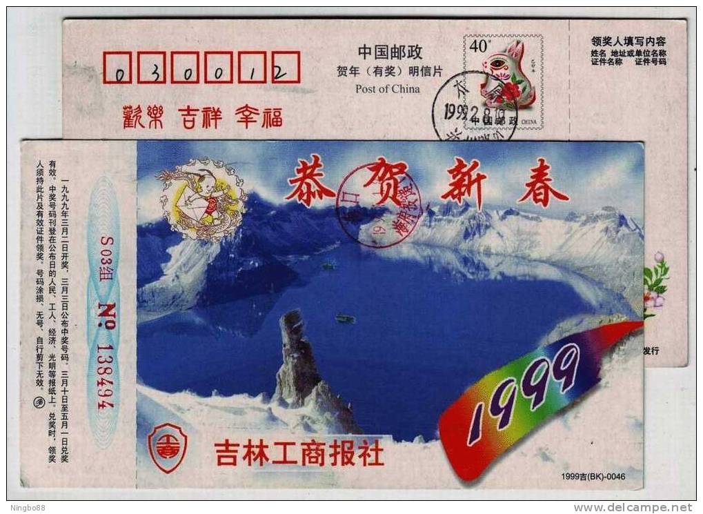 Mt.changbaishan Volcano Crater Lake,China 1999 Jilin Industrial And Commercial Newspaper Advertising Pre-stamped Card - Vulkane