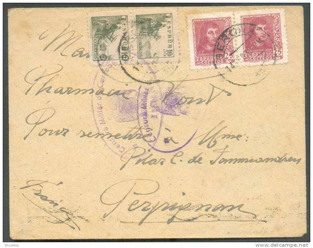 Lettre Affranchie à 70 Ctavos De Vronor De Mar, Obl; Dc GEROVA Du 14-02-1939 Vers Perpignan + Censure Ovale Violette Cen - Marcas De Censura Nacional