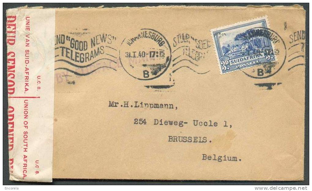 Yv N°114A - 3p. Bleu,obl. JOHANNESBURG Good Telegrams S/L. Censurée Du 30-1-1940 Vers Bruxelles - Importateur De Machine - Other & Unclassified