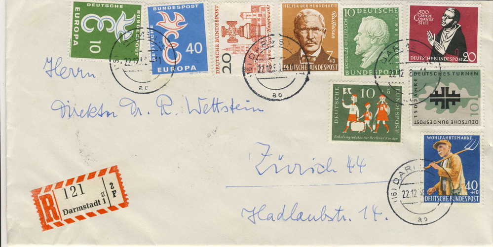 BUND REGISTERED COVER 1958 MICHEL 295/96, 290, 297, 293, 301, 250, 292 & 300 - Covers & Documents