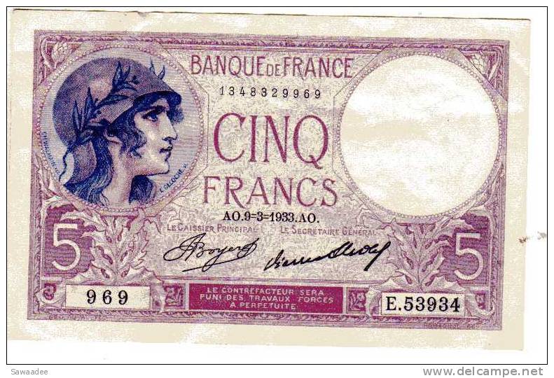 BILLET FRANCE - P.72e - 5 FRANCS VIOLET - 09 MARS 1933 - - 5 F 1917-1940 ''Violet''