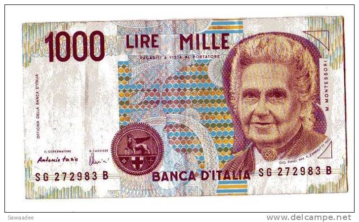 BILLET ITALIE - P.114 - 1000 LIRES - 1990 - M. MONTESSORI - 1000 Lire