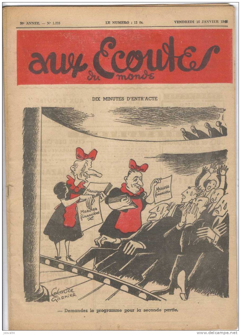 AUX ECOUTES DU MONDE N° 1225 Du 16 Janvier 1948 - 1ere Couverture : Claude Garnier- 2ème Chambri - Mesures Financières - 1900 - 1949