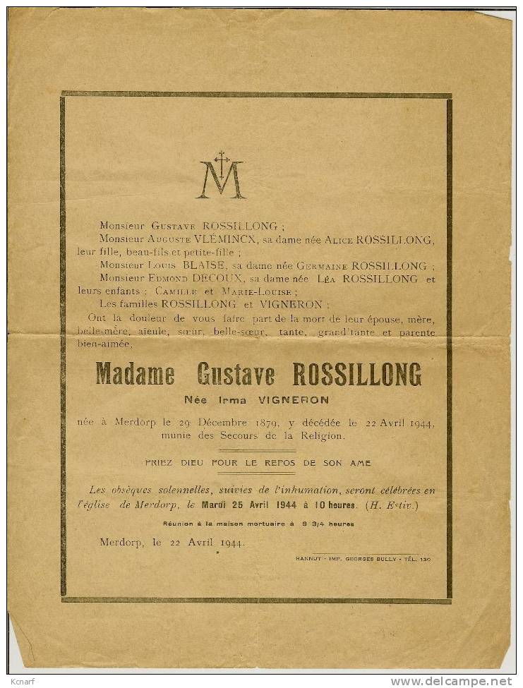 FAIRE-PARTS De Déces De MERDORP En 1944 " Madame Gustave Rossillong " Imprimé à Hannut . - Andere & Zonder Classificatie