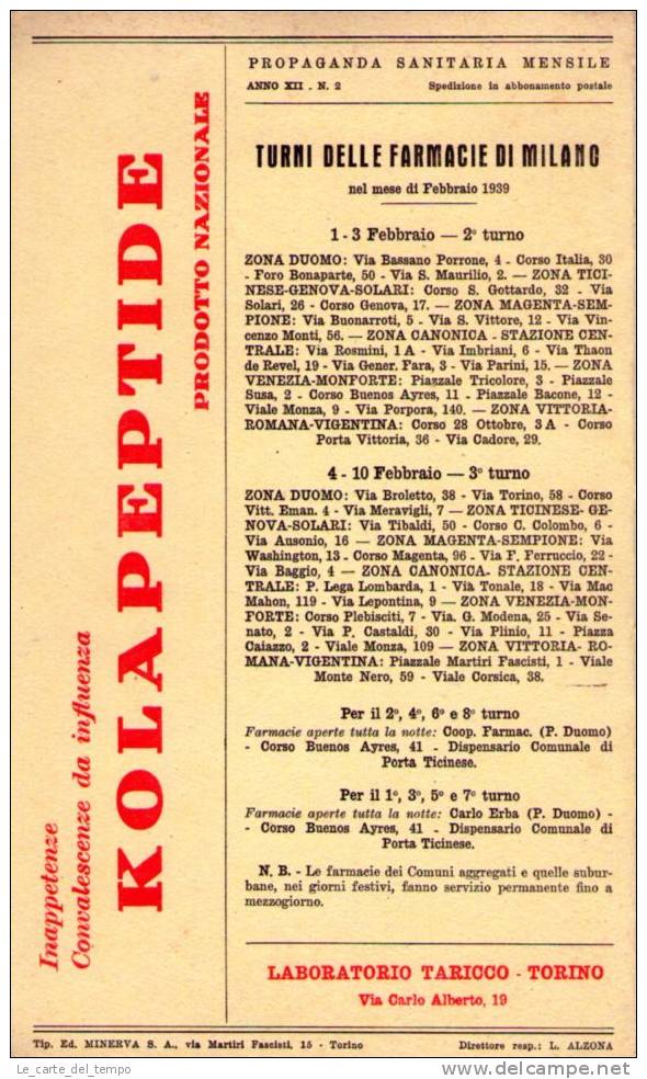 Doppia Carta Assorbente Pubblicitaria KOLAPEPTIDE - Laboratorio TARICCO 1939 - Altri & Non Classificati