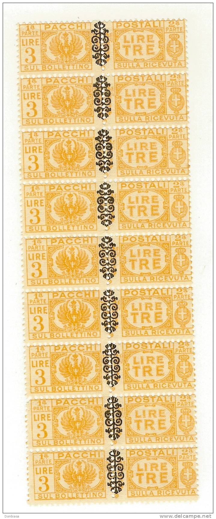 Luogotenenza: 1945 Pacchi Postali Soprastampati Con Fregio. Blocco Da 9 Del 3 Lire Con Interessante Salto Dentellatura - Postal Parcels