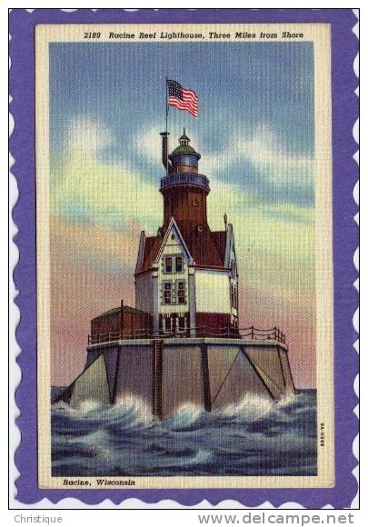 Racine Reef Lighthouse, Three Miles From Shore, Racine, Wisconsin.  1930-40s - Racine