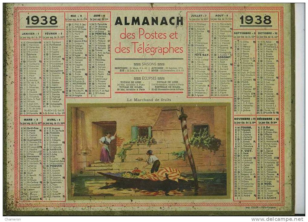 1938 - Almanach Des PTT . Illustré "Le Machand De Fruits" - Big : 1921-40