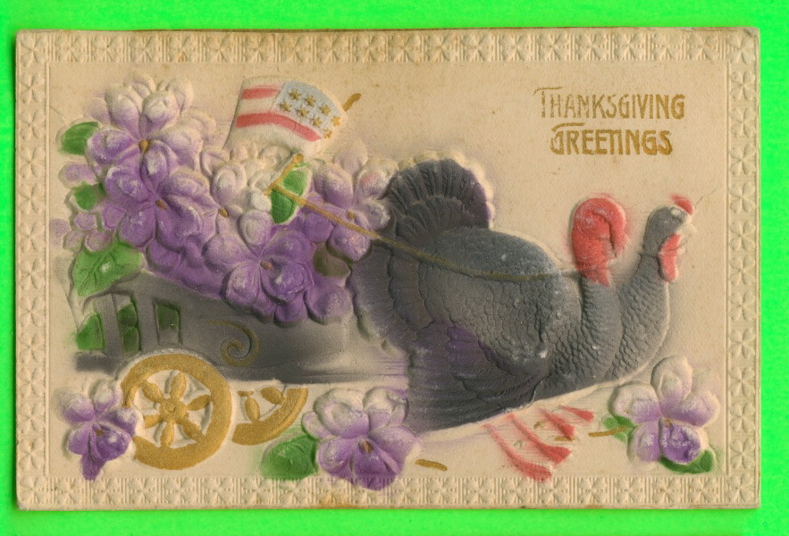 THANKSGIVINGS  GREETINGS - HEAVILY EMBOSSED  TURKEYS,  PULLING FLOWERS  & FLAG - MADE IN GERMANY - TIC - - Giorno Del Ringraziamento