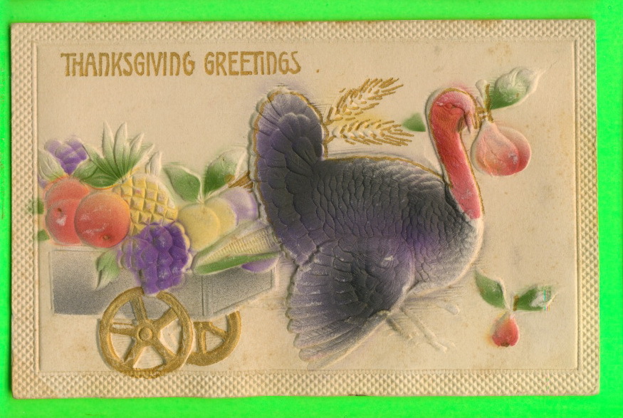 THANKSGIVINGS  GREETINGS - HEAVILY EMBOSSED  TURKEY, PULLING FRUITS - MADE IN GERMANY - - Giorno Del Ringraziamento