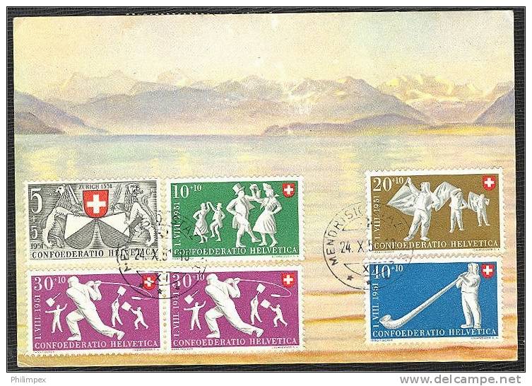 SWITZERLAND REGISTERED AIRPOST ON POSTCARD TO ARGENTINA, HIGH FRANKING SEMIPOSTALS (Pro Patria 1951) - Covers & Documents