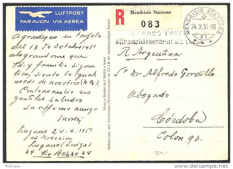 SWITZERLAND REGISTERED AIRPOST ON POSTCARD TO ARGENTINA, HIGH FRANKING SEMIPOSTALS (Pro Patria 1951) - Briefe U. Dokumente