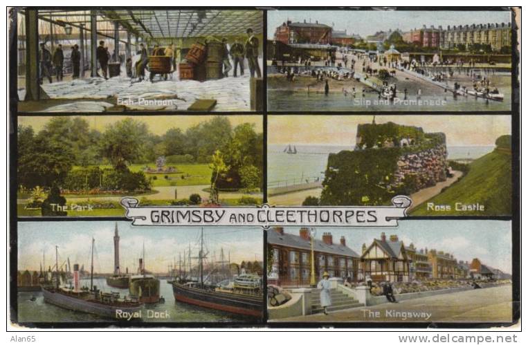 Grimsby & Cleethorpes UK, Royal Dock, Ross Castle, Fish Pontoon, Multiview 1910s Vintage Postcard - Autres & Non Classés