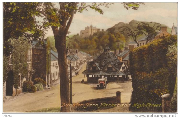 Dunster (Somerset) UK, Yarn Market & High Street, Auto, On C1920s/30s Vintage Postcard - Andere & Zonder Classificatie