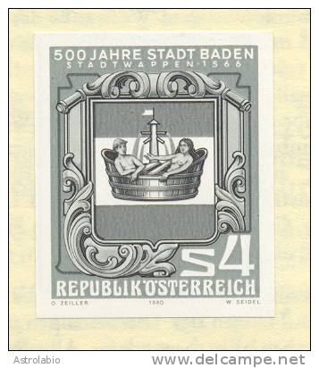 Autriche 1980 " Ville De Baden "  épreuve En Noir, Black Proof, Schwarzdruck Auf Blatt. Yvert 1460 - Proofs & Reprints