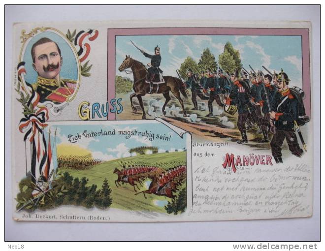 Litho Gruss Aus Dem Manover Kaiser , Timbrée Bahnpost Sennheim Sewen, Cachet Weiler 1904 - Autres & Non Classés