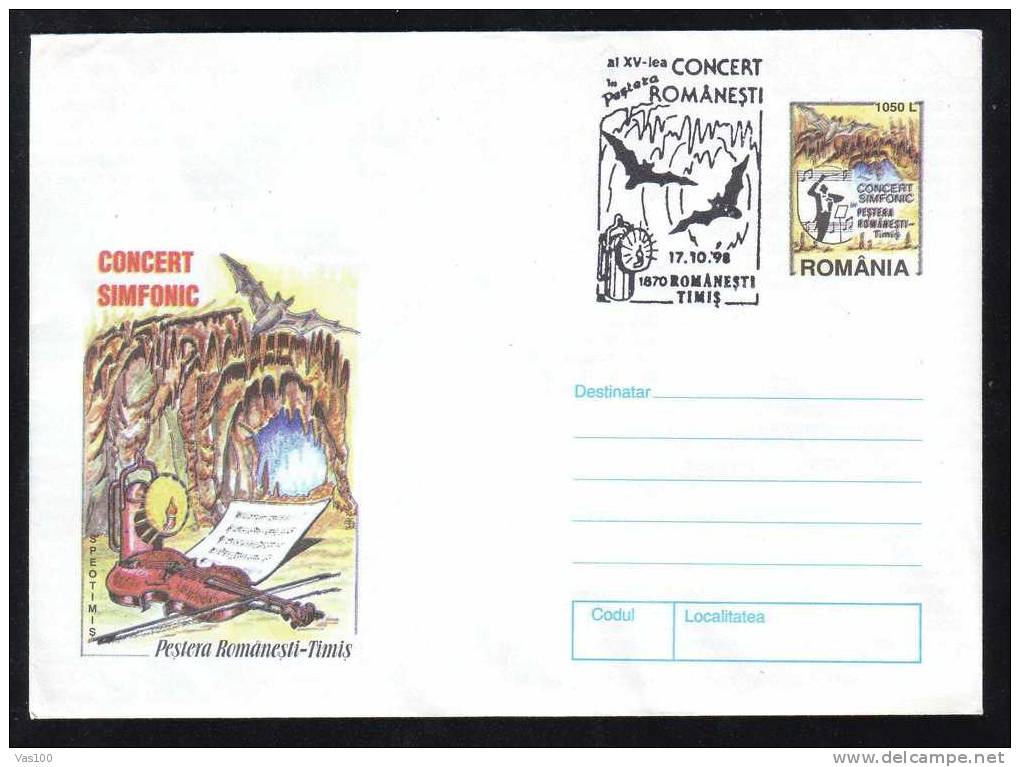 Cover Stationery + Oblitération Concordante,1998 - Bats ,Cave,Music, Romania. - Vleermuizen