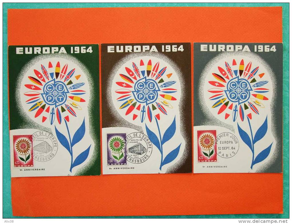 CARTE MAXIMA 1964. Europa N°1430 Et N°1431 Sur 3 Cartes Maxima.  Superbe - 1964