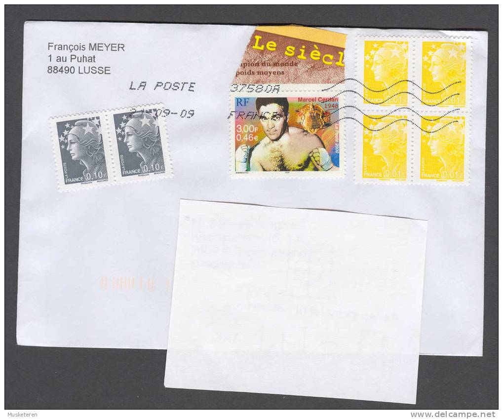 France La Poste 2009 Cancel Cover To Denmark Boxer Marcel Cerdan W. Margin Marianne 4-Block & Pair - Brieven En Documenten