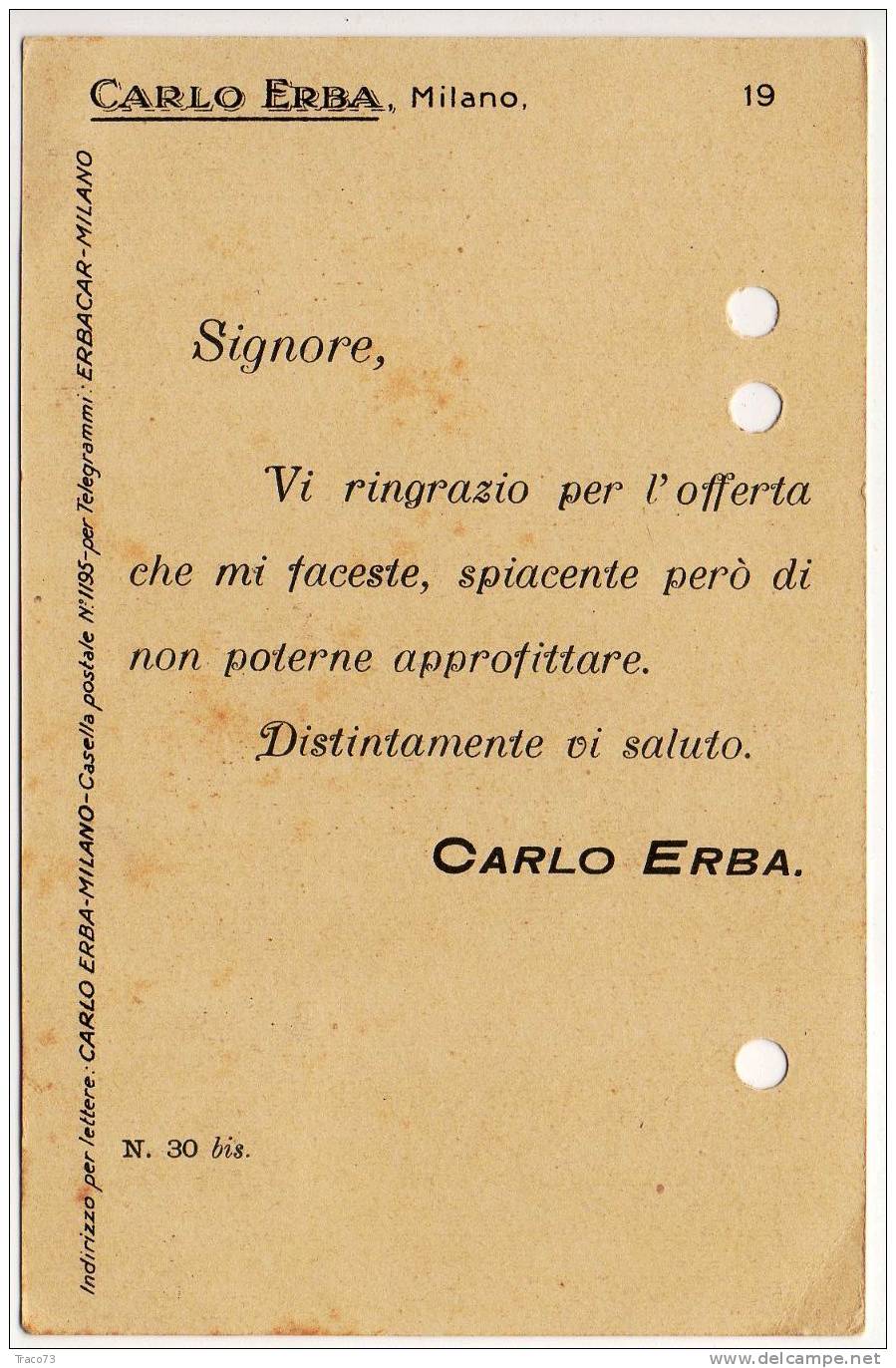 MILANO  07.10.1925 - Card Cartolina " Ditta  CARLO ERBA "   Cent. 10 Difettoso - Reklame