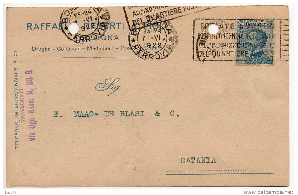 BOLOGNA  07.06.1922 - Card Cartolina " Ditta  RAFFAELE DESERTI "   Firma - Cent. 25 Isolato - Publicité