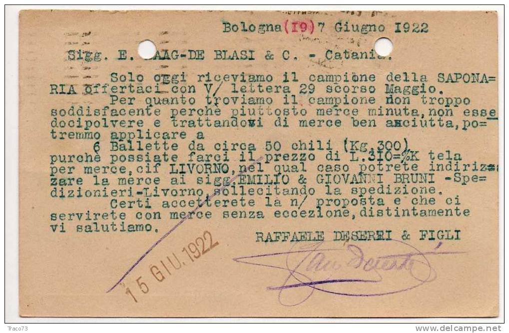 BOLOGNA  07.06.1922 - Card Cartolina " Ditta  RAFFAELE DESERTI "   Firma - Cent. 25 Isolato - Publicidad