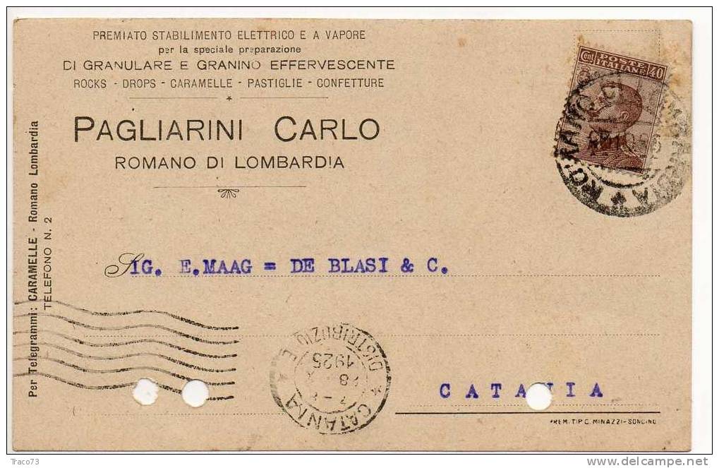 ROMANO DI LOMBARDIA  28.10.1925 - Card Cartolina " Ditta PAGLIARINI CARLO "   Firma - Cent. 40 Isolato - Reklame