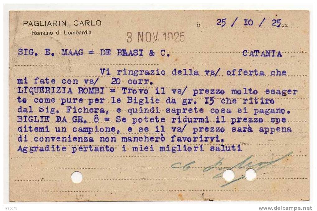 ROMANO DI LOMBARDIA  28.10.1925 - Card Cartolina " Ditta PAGLIARINI CARLO "   Firma - Cent. 40 Isolato - Publicidad