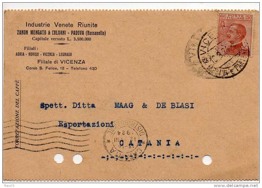 VICENZA  09.08.1924 - Card Cartolina " INDUSTRIE VENETE RIUNITE "    Cent. 30  Isolato - Publicité