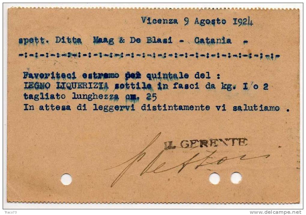 VICENZA  09.08.1924 - Card Cartolina " INDUSTRIE VENETE RIUNITE "    Cent. 30  Isolato - Pubblicitari