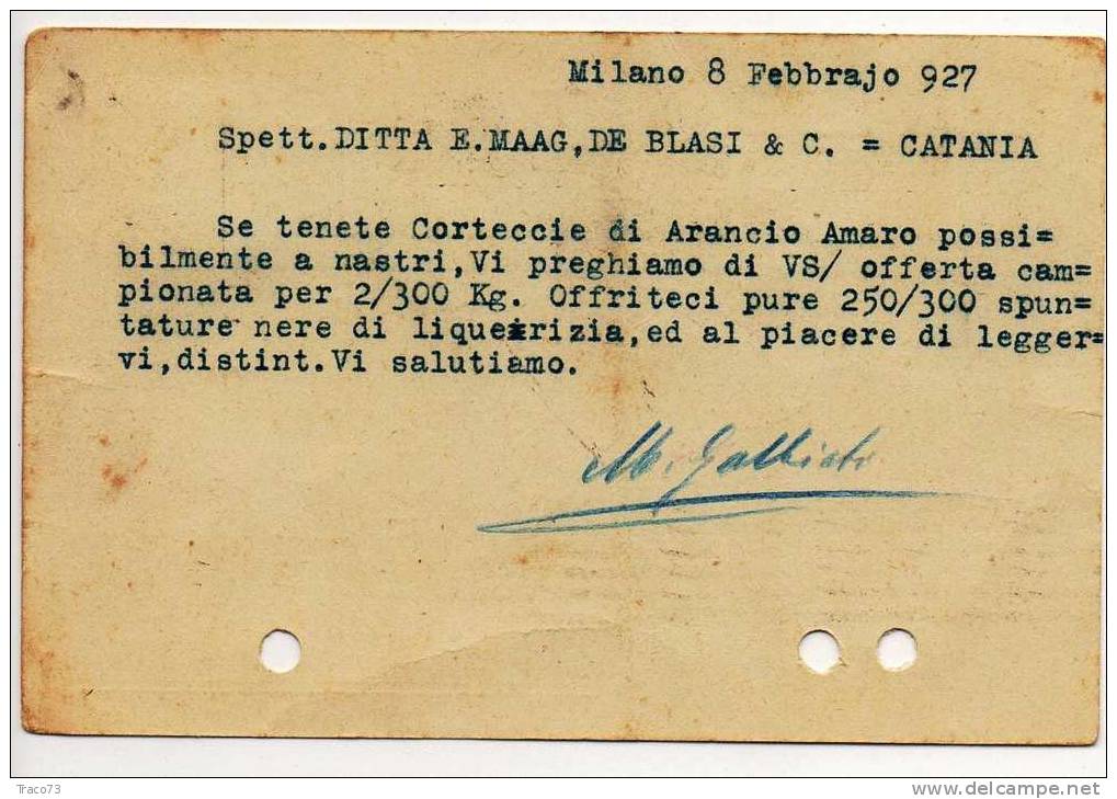 MILANO  08.02.1927 - Card Cartolina " Ditta GALBIATI & C. "  Firma -  Cent. 40 Isolato - Reclame