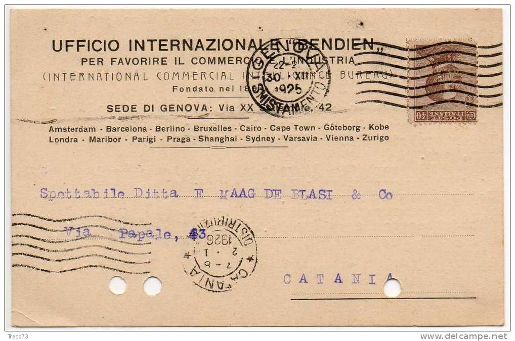 GENOVA  30.12.1925 - Card Cartolina - UFFICIO INTERNAZIONALE "BEMNDIEN" -  Cent. 40 Isolato - Reclame