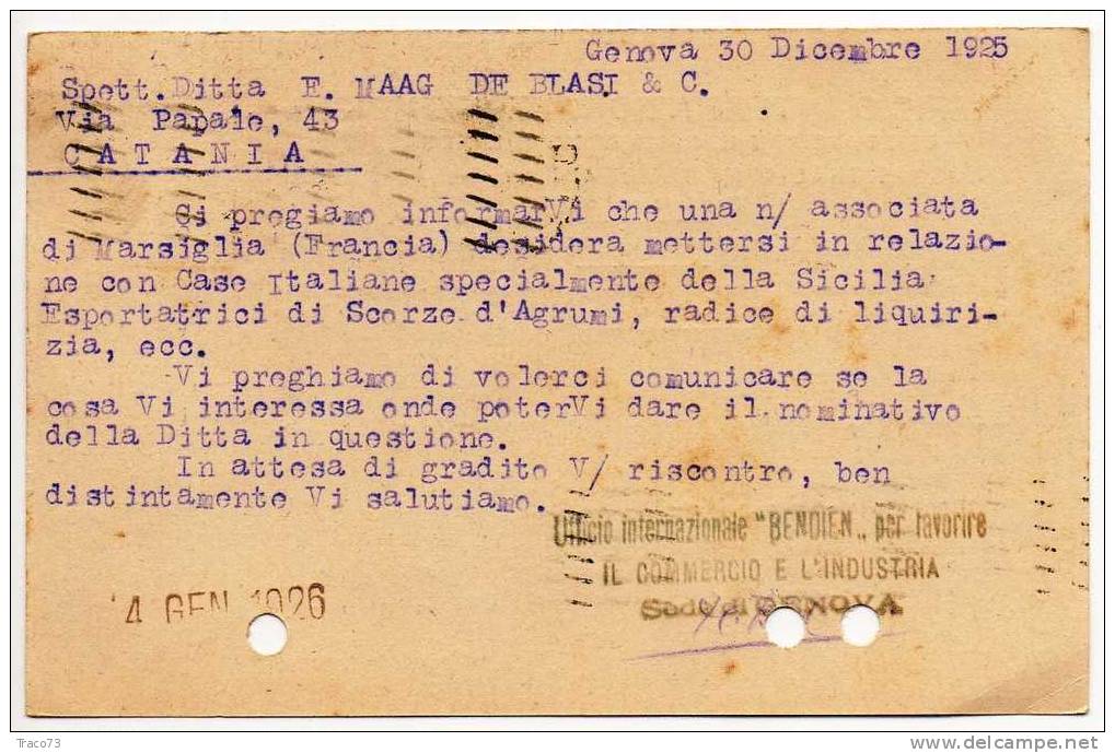 GENOVA  30.12.1925 - Card Cartolina - UFFICIO INTERNAZIONALE "BEMNDIEN" -  Cent. 40 Isolato - Reklame