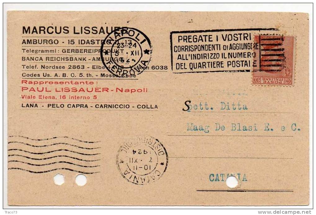 NAPOLI  05.12.1924 - Card Cartolina - "Ditta MAAG DE BLASI E. E C."   Firma - Cent. 30 Isolato - Publicité