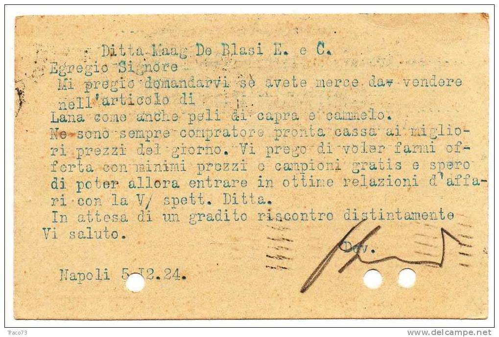 NAPOLI  05.12.1924 - Card Cartolina - "Ditta MAAG DE BLASI E. E C."   Firma - Cent. 30 Isolato - Publicité