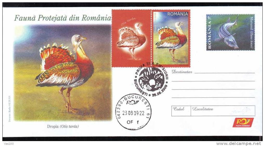 Dropia ,fish 2009 FDC,stamp On Cover + Label,obliteration Concordante,uprated,entier Postaux -Romania. - Pernice, Quaglie