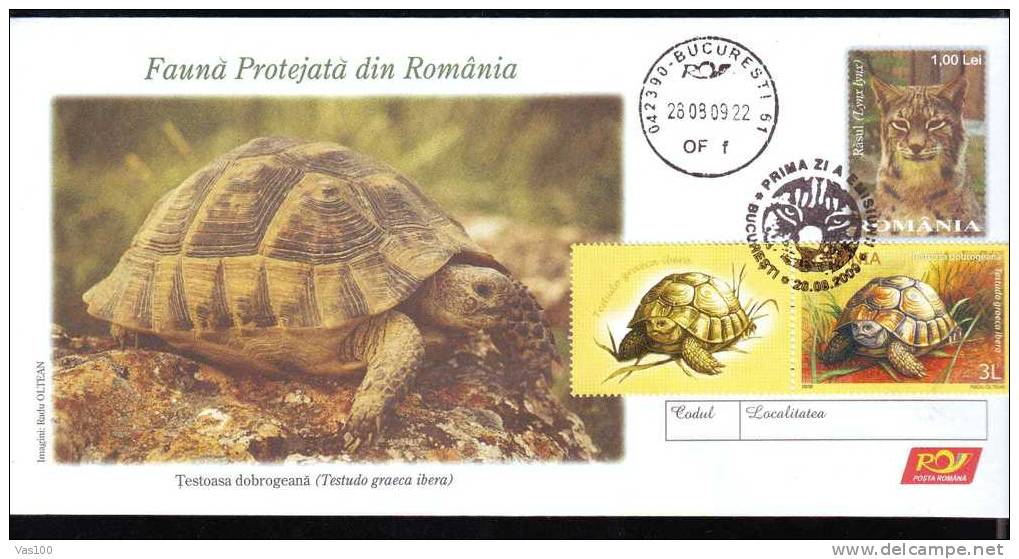 Tortues,Lynx  2009 FDC,stamp On Cover + Label,obliteration Concordante,uprated,entie R Postaux -Romania. - Tortues