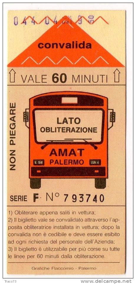 PALERMO  / SICILY  -  BIGLIETTO AUTOBUS -  Vale 60 Minuti - Europa