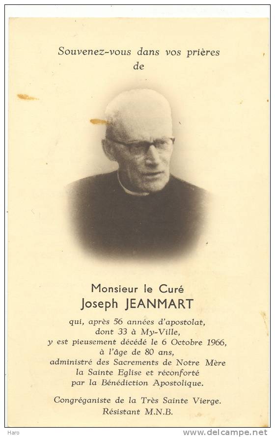 MY-Ville - Faire-part De Décès De Mr. Le Curé Joseph JEANMART - Résistant MNB (10) - Otros & Sin Clasificación