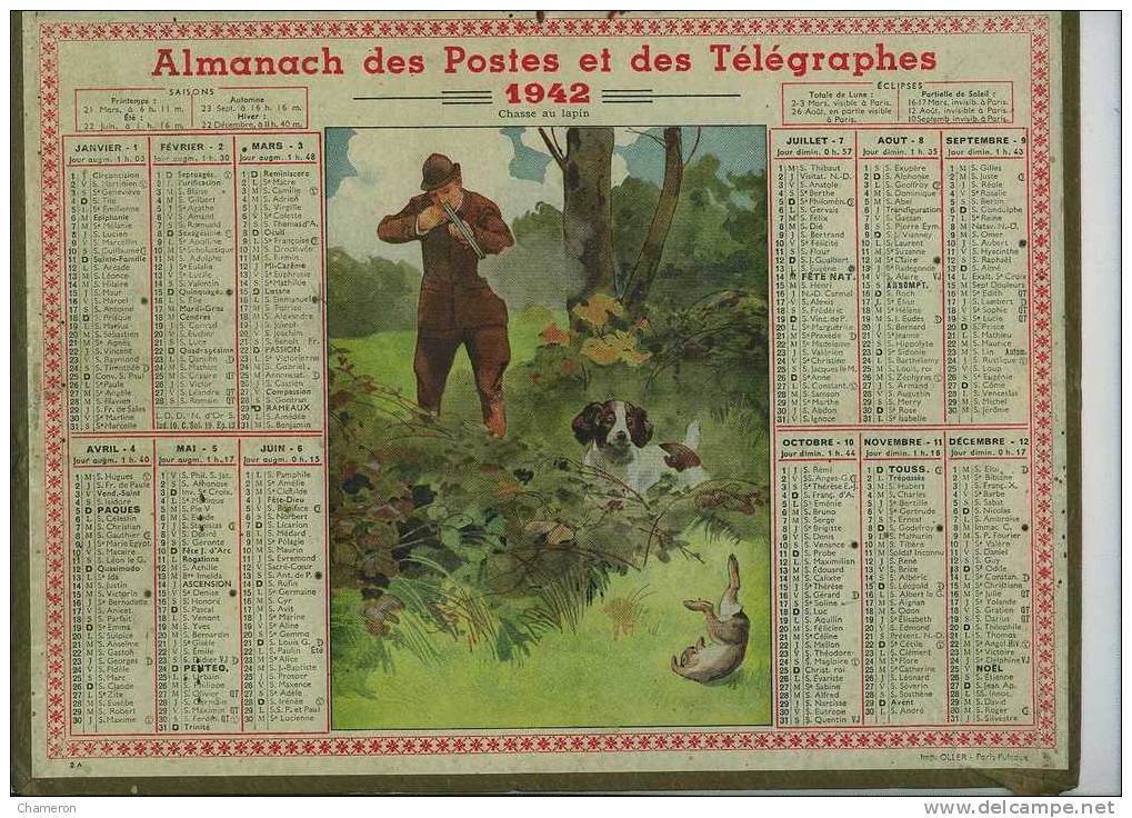 1942 - Almanach Des Postes Et Des Télégraphes :"Chasse Au Lapin" Belle Scène Animée - Grand Format : 1941-60